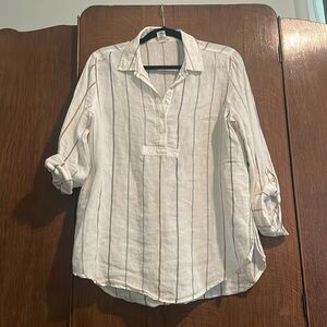White with stripes linen blouse. Sleeves can roll up and secured with button.